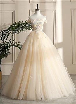 Picture of Pretty Tulle Champagne Off Shoulder  Prom Dresses, Flowers Lace Formal Dresses